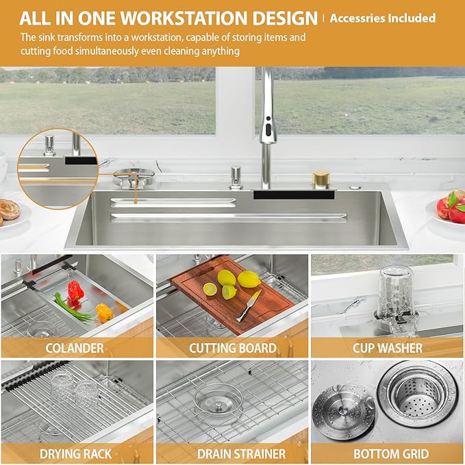 Mocoloo 33 Inch Honeycomb Waterfall Kitchen Sink - 33x19 Drop In Ledge Workstation 16 Gauge Stainless Steel Single Bowl Modern Sink with Faucet Combo and Built-in Accessories