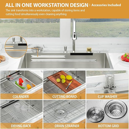 Mocoloo 33 Inch Honeycomb Waterfall Kitchen Sink - 33x19 Drop In Ledge Workstation 16 Gauge Stainless Steel Single Bowl Modern Sink with Faucet Combo and Built-in Accessories
