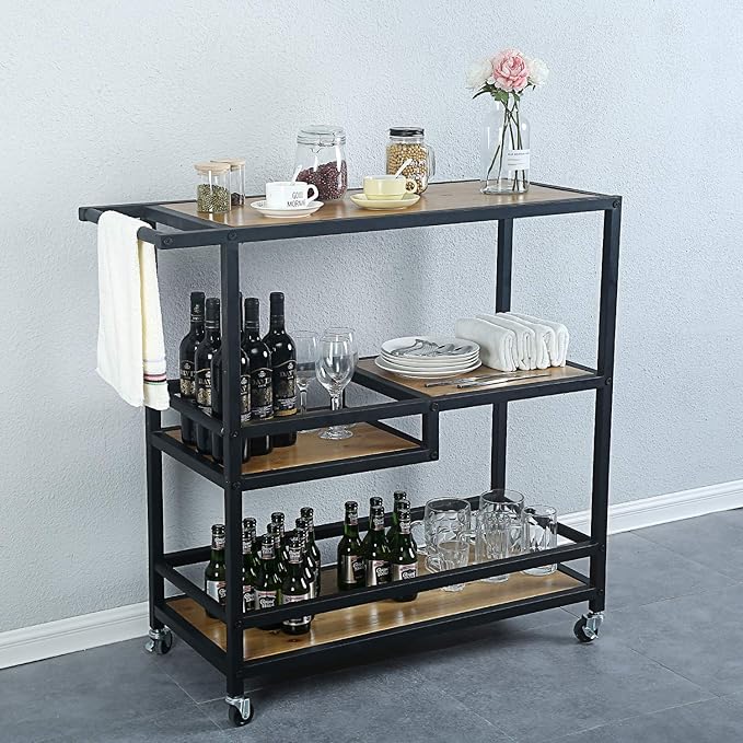 MBQQ Bar and Serving Cart Industrial & Modern Rustic Rolling Bar and Serving Cart,3-Tiered Wood & Metal Kitchen Bar Cart Island with Wheels,Move Storage Coffee/Wine Island Shelf,Black