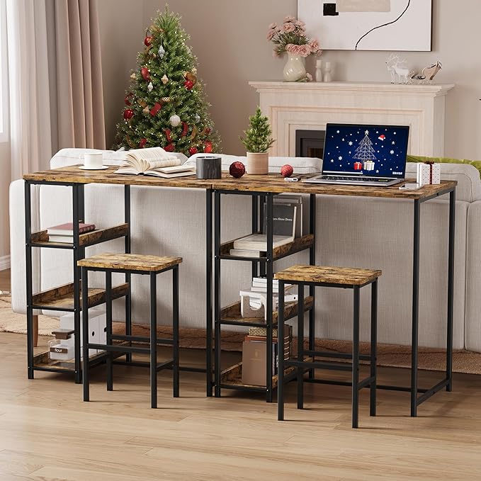 IDEALHOUSE 36" Counter Height Dining Table Set for 2 with Bar Stools and Storage Shelves, Space-Saving Kitchen Table for Small Space, Apartment, Studio, Rustic Brown