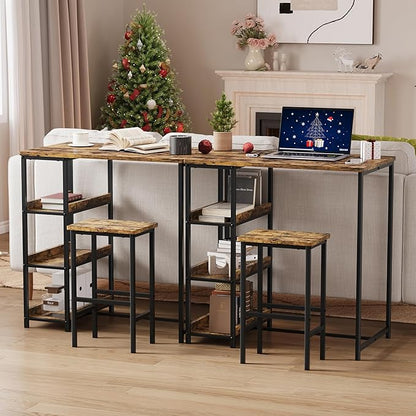 IDEALHOUSE 36" Counter Height Dining Table Set for 2 with Bar Stools and Storage Shelves, Space-Saving Kitchen Table for Small Space, Apartment, Studio, Rustic Brown