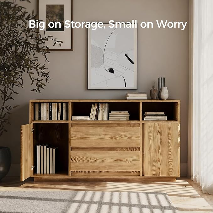 COMHOMA Sideboard Buffet Cabinet with Storage, Modern Wood Versatile Coffee Bar Console Table for Living Room Kitchen, Dining Room, Hallway, Wood Grain