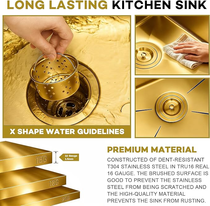 33 Inch Gold Farmhouse Sink Undermount Double Bowl, 16 Gauge 50/50 Stainless Steel Apron Front Workstation Far Sink, 33"x20"x10" Large and Deep Kitchen Sink With Accessories