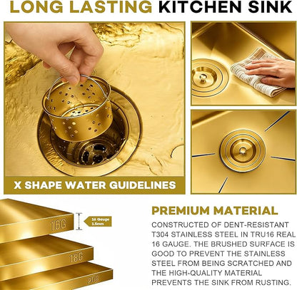 33 Inch Gold Farmhouse Sink Undermount Double Bowl, 16 Gauge 50/50 Stainless Steel Apron Front Workstation Far Sink, 33"x20"x10" Large and Deep Kitchen Sink With Accessories