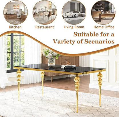 70 Inch Glass Dining Table for 6-8, Luxurious Rectangular Kitchen Table with Black Tempered Glass Top, Gold Stainless Steel Legs for Dining Room, Restaurant, Living Room