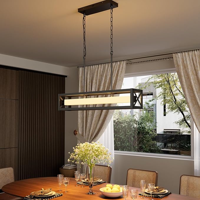 31.5" Farmhouse Kitchen Island Lighting, Black Rectangular Chandeliers for Dining Room Light Fixture, 30W LED Dimmable Linear Pendant Light for Kitchen Island Over Table with Remote