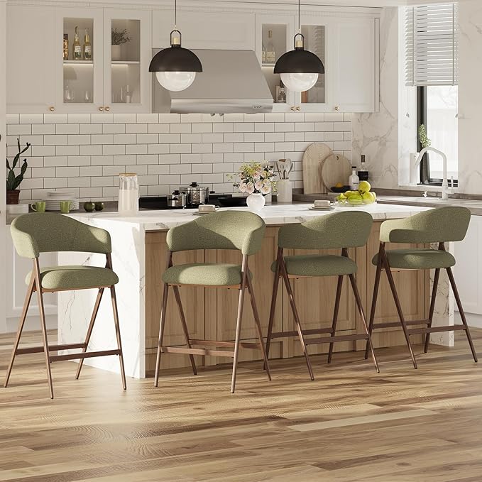 Bar Stools Set of 4, Counter Height Bar Stools with Back, Modern Upholstered Island Stools with Metal Legs for Kitchen Island, Counter, Dining Room, Green