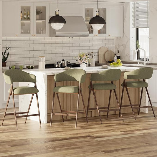Bar Stools Set of 4, Counter Height Bar Stools with Back, Modern Upholstered Island Stools with Metal Legs for Kitchen Island, Counter, Dining Room, Green
