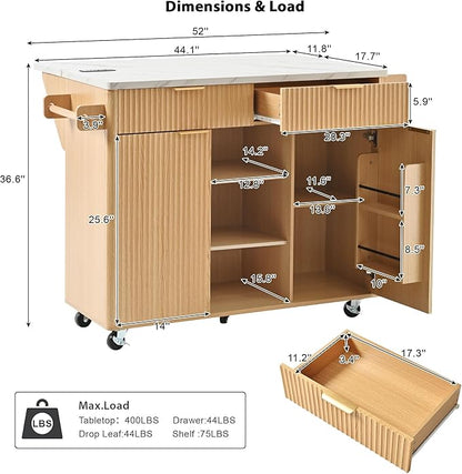 Merax Farmhouse 52 inch Rolling Kitchen Island on Wheels with Drop Leaf Table & Power Outlet, Wood Fluted Kitchen Cart on Wheels with Faux Marble Top, 2 Drawers & Cabinets, 52" Wide Natural