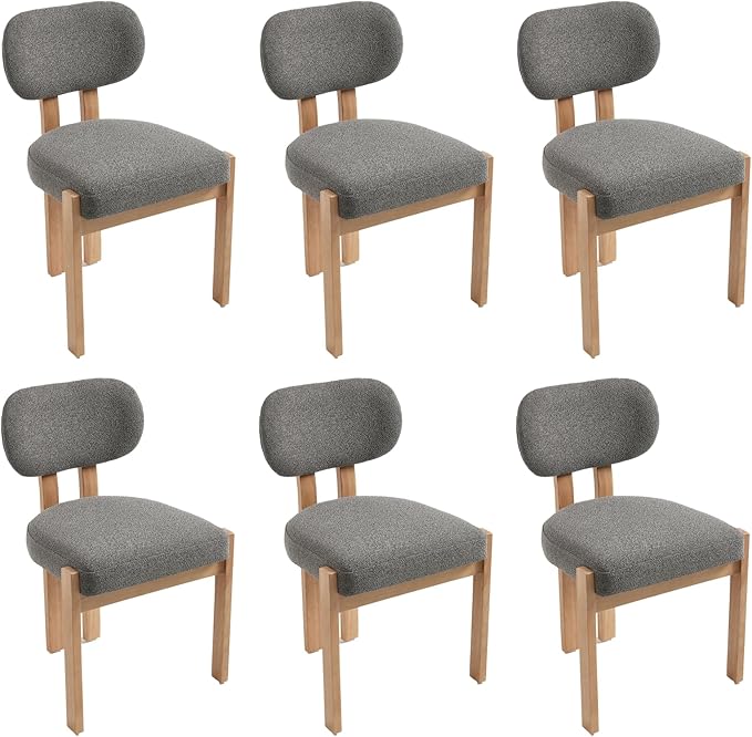 Chenille Dining Chairs Set of 6, Comfy Upholstered Dining Room Chairs Mid Century Modern Farmhouse Fabric Kitchen Chairs with Rubber Wood Legs for Dining Room Kitchen Island Home (Grey)