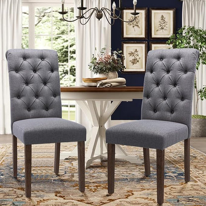 Tufted Dining Chairs Set of 6, Upholstered Parsons Dining Room Chairs, Fabric Kitchen Side Chair with Wood Legs, Dark Grey
