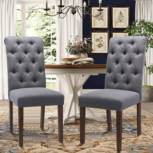 Tufted Dining Chairs Set of 2, Upholstered Parsons Dining Room Chairs, Fabric Kitchen Side Chair with Wood Legs, Dark Grey