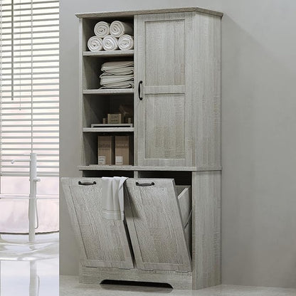 68" Tall Bathroom Storage Cabinet with One Door and Two Laundry Hampers for Home Display Organizer, Adjustable Shelf, Oak