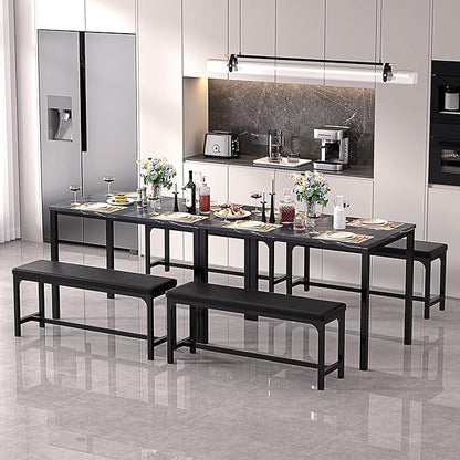 VECELO 3-Piece 63" Extendable Kitchen Table with Benches/Chairs, Modern Breakfast Dinette/Dining Room Set for 4/6/2, Small Space Saving Design, Easy Assembly