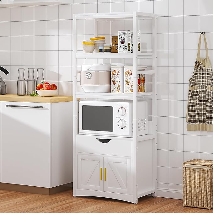 VECELO 3-Tier Microwave Stand with Power Outlet & USB Ports, 15.5" Deep Kitchen Pantry Cabinet, Fits 1.0 Cu.Ft Microwave, Modern Farmhouse Coffee Bar Storage with Drawer & Barn Door for Kitchen, White