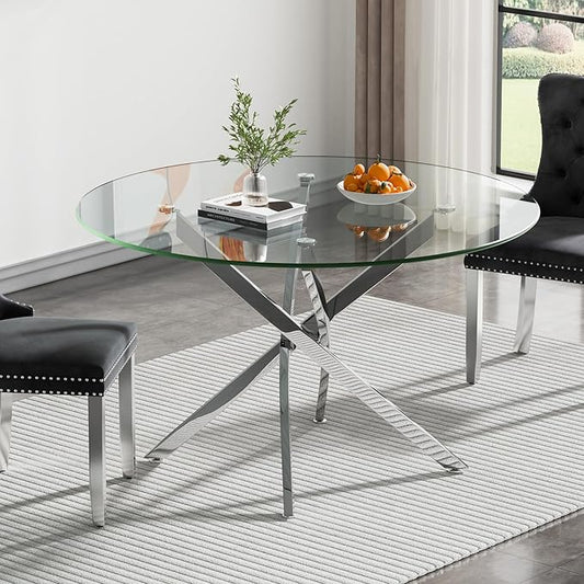 SSLine 47.2" Round Glass Dining Table for 4-6 Modern Circle Glass Tabletop Kitchen Table for 6 Luxury Dining Room Tables with Silver Nest-Shape Metal Base for Home Kitchen Dining Room