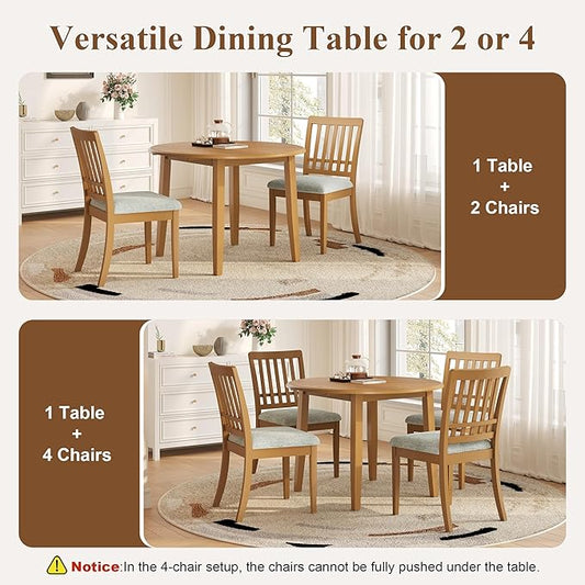 5-Piece Drop Leaf Round Dining Table Set for 4, Farmhouse Kitchen Table Set with Extendable Round Table and 4 Upholstered Chairs. Wood Table and Chairs Set for Dining Room, Living Room, Light Brown