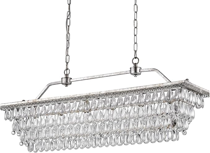 Edvivi Rectangular Linear Crystal Chandelier 40 in. W, 6 Lights Luxury Glam Adjustable Ceiling Lighting Fixture with 4 Rows of Teardrop Crystals for Living Dining Room Kitchen Island, Antique Silver