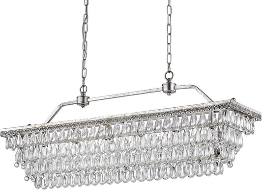 Edvivi Rectangular Linear Crystal Chandelier 40 in. W, 6 Lights Luxury Glam Adjustable Ceiling Lighting Fixture with 4 Rows of Teardrop Crystals for Living Dining Room Kitchen Island, Antique Silver