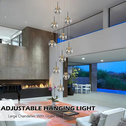 KoKo&Yukina Gold 10-Light Chandelier Modern Stairwell Lighting Adjustable Globe Cluster Lights with Grey Glass for Staircase