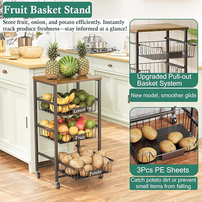 OKZEST 4-Tier Small Kitchen Storage Cart on Wheels, Metal Fruit Basket Stand with Pull-Out Baskets & Wood Top for Potato Onion Produce Snack Veggies