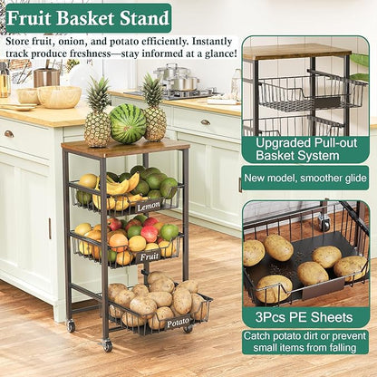 OKZEST 4-Tier Small Kitchen Storage Cart on Wheels, Metal Fruit Basket Stand with Pull-Out Baskets & Wood Top for Potato Onion Produce Snack Veggies