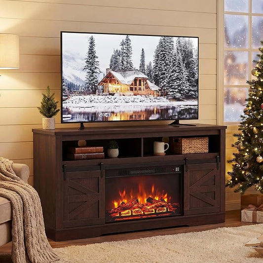 YESHOMY Fireplace TV Stand for Television up to 65+ Inch with Storage and Farmhouse Sliding Barn Doors, Entertainment Center with Cabinet and Shelves, Media Console for Living Room, Rustic Dark Brown