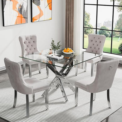 36'' Square Dining Table for 2-4, X-Shape Silver Metal Legs, Glass Tea Table Square Kitchen Table for Small Space