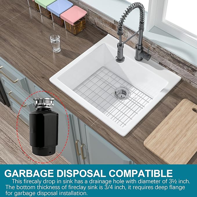 24x22 Drop In Kitchen Sink White 1 Hole, 24 Inch Small Fireclay Bar Sink Drop In Single Bowl, Topmount Heavy Duty Deep Basin, with 2 Accessories, Pure White, for Kitchen, Laundry, Outdoor