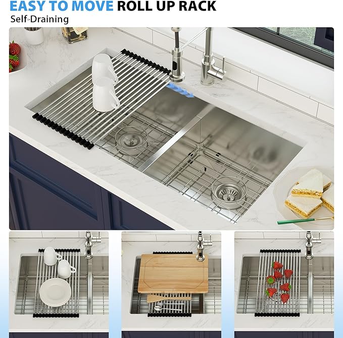 36 Inch Undermount Double Bowl Kitchen Sink 16 Gague 304 Stainless Steel Double Handmade Sinks 50/50 Large Deep Double Bowl Sinks 36"x19"x10"