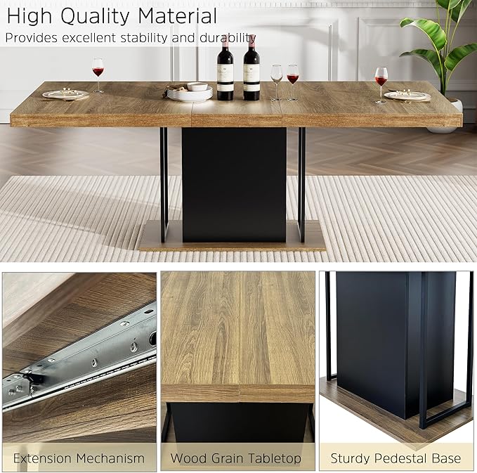 78.74" Wooden Extendable Dining Table for 8-10 People, Modern Farmhouse Expandable Kitchen Table with Black Pedestal Base, Long Large Rectangular Extendable Kitchen Dining Room Table, Brown