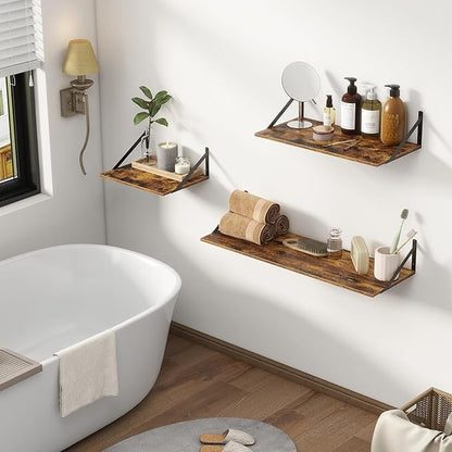 Deep Floating Shelves, 12 Inch Deep Floating Shelves for Wall, 24"W x 12"D Wall Shelves for Books, Large Rustic Wooden Shelf, Wide Display Shelf for Bathroom, Living Room, Rustic Brown, Set of 2