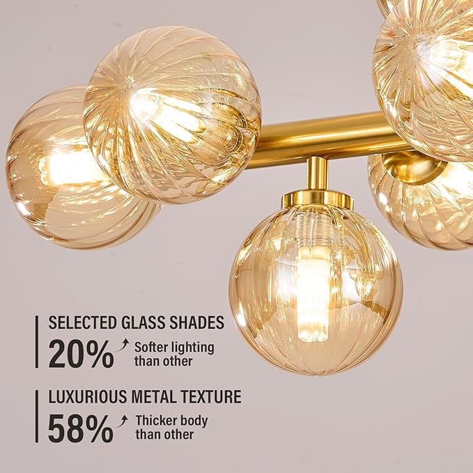 16-Light Globe Sputnik Chandelier, Linear Dining Room Light Fixture Over Table, Mid Century Modern Gold Chandeliers for Dining Living Room, Kitchen Island Lighting (Amber Bubble, 40 Inch)