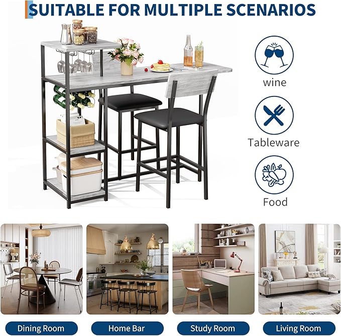 GAOMON 3-Piece Dining Set, Bar Table and Chairs Set for 2, High Top Table and Upholstered Chairs with Storage Shelves, Breakfast Nook, Bar Pub Set for Kitchen, Home Bar, Small Space
