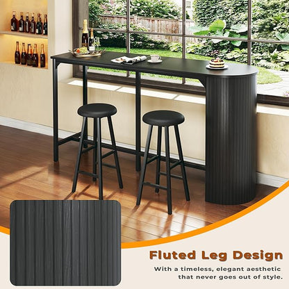 Fluted Bar Table and Chairs Set, 55'' Long Bar Tables with 2 Stools, 3 Piece Counter Height Dining Table for 2, Space Saving Kitchen Table for Bar, Dining Room, Kitchen, Breakfast Nook Corner, Black