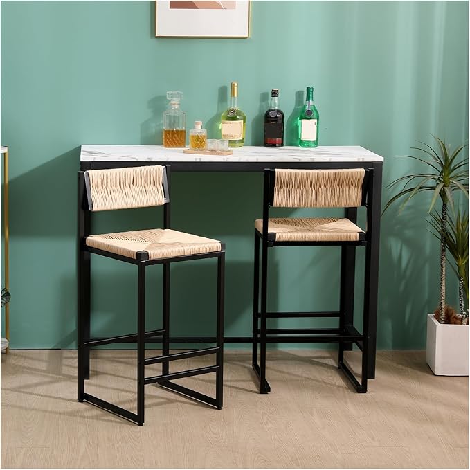 Creamy White，Honey，Gray Paper Rope Woven Stools Set of 2 Hand Weave Counter Chairs with Footrest for Kitchen Island, Dining Room,for Living Room