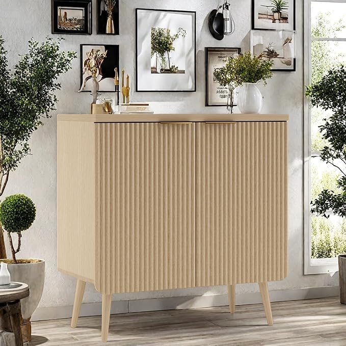 FONTOI Buffet Cabinet, Sideboard Fluted Cabinet Modern Kitchen Buffet Storage Cabinets with Doors and Shelves, Wood Farmhouse Coffee Bar Station for Entryway & Dining Room & Living Room, Wood