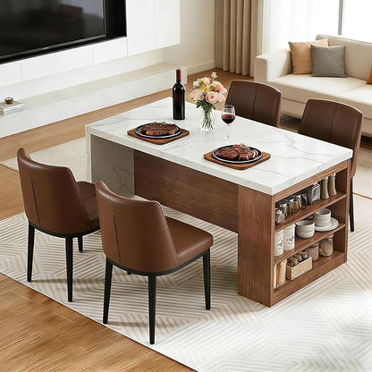 Large Island Table for Kitchen with Charging Station, Faux Marble Wooden Dining Table for 4-6 People, Modern Luxury Kitchen Island with LED Lights & Storage Space(61"x31"x35.4")