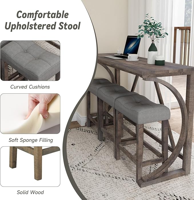 HMFULE 4 Piece Bar Table Set with Power Outlet, 59'' Dining Bar Table and Chairs Set, Industrial Breakfast Table with 3 Padded Stools for Living Room Dining Room Game Room Brown