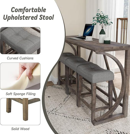 HMFULE 4 Piece Bar Table Set with Power Outlet, 59'' Dining Bar Table and Chairs Set, Industrial Breakfast Table with 3 Padded Stools for Living Room Dining Room Game Room Brown