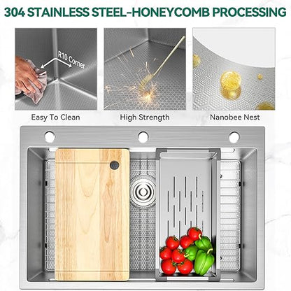 YITAHOME Drop In Kitchen Sink Workstation 33in, 304 Stainless Steel Single Bowl Top Mount Sink w/Ledge & Accessories, Honeycomb Surface Design, 33 x 22 x 10 in, Silver