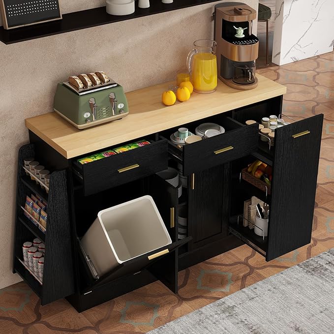 58 inch Large Kitchen Island with Trash Can Storage Cabinet, Multi-Functional Storage Sideboard with Sliding Door Cabinet & 3-Tier Spice Rack, Island Table for Kitchen, Dining Room (Black)