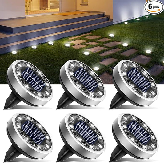 btfarm 6 Pack Solar Lights Outdoor, 8 LED Solar Ground Lights IP65 Waterproof Flat Solar Disc Light, Pathway Lights for Garden Lawn Patio Yard Path Landscape, Cool White