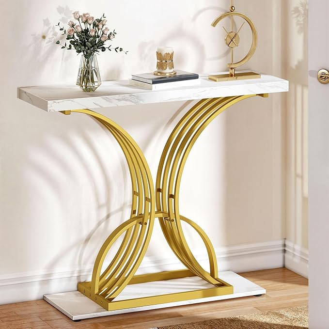 YITAHOME Gold Console Table, Modern Hallway Table for Entryway, 40 inch Entryway Tables Narrow Sofa Table for Living Room, Hallway, Faux Marble White