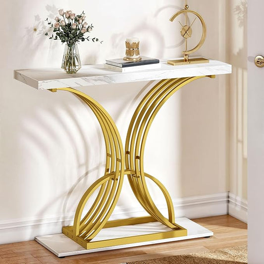YITAHOME Gold Console Table, Modern Hallway Table for Entryway, 40 inch Entryway Tables Narrow Sofa Table for Living Room, Hallway, Faux Marble White