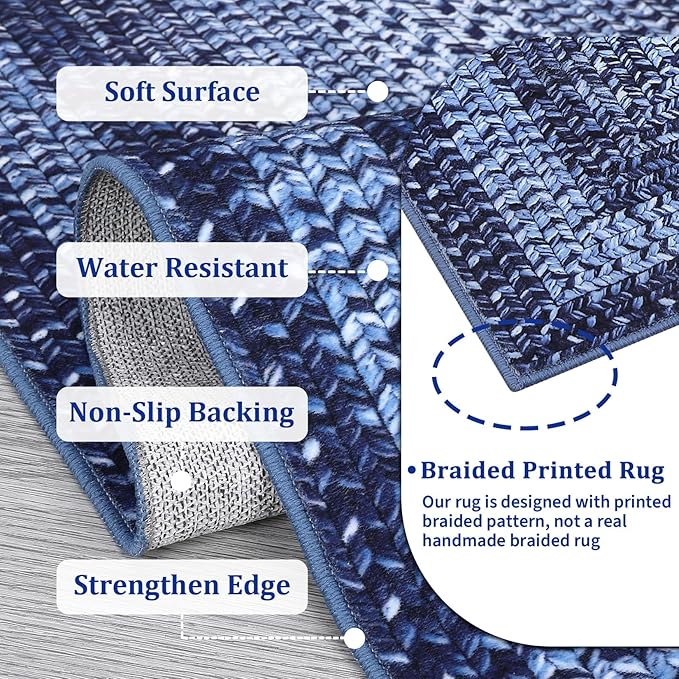 Printed Washable Area Rugs 5x7 Rug for Living Room Non Slip Modern Soft Area Rug for Bedroom Farmhouse Braided Throw Rugs Contemporary Stain Resistant Carpet for Dining Room 5'x7' Navy Blue