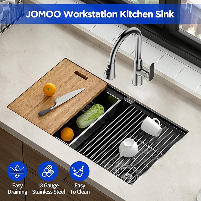 JOMOO 32‑Inch Nano‑Coated Stainless Steel Workstation Sink, 10″ Deep Single Bowl Undermount Kitchen Sinks, Handmade Topmount Sink Set with Accessories for Kitchen, Bar & RV