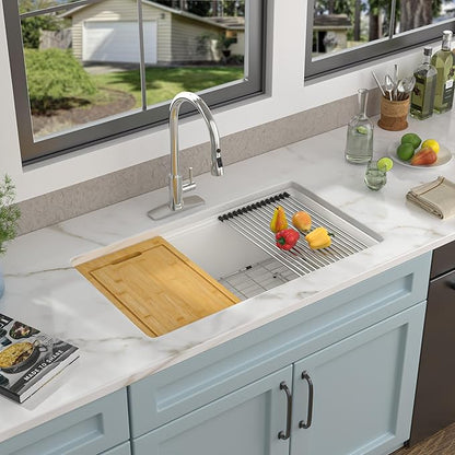 33"x19" Granite Composite Kitchen Sink - Undermount White Granite Quartz Classic Ledge Workstation Under Counter Single Bowl Basin