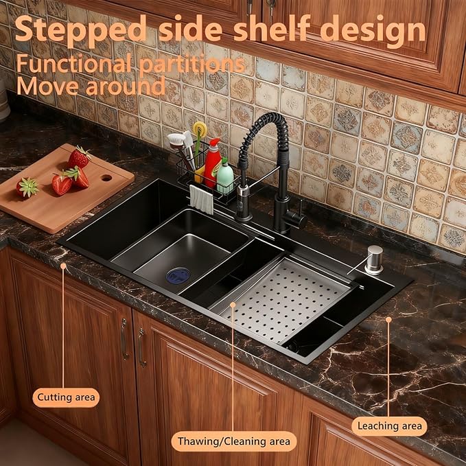 32 Inch Black Drop-In Stainless Steel Kitchen Sink: Single Bowl Deep Scratch Resistant 16 Gauge Workstation with Faucet & Accessories Combo for Family Kitchen