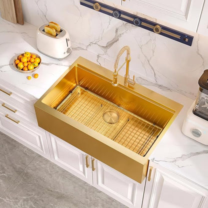Rhbamoa 30 Inch Gold Farmhouse Sink,16 Gauge T304 Gold Single Bowl Apron Front Farm Sink,10 Inch Depth Topmount Farmhouse Kitchen Sinks with All Accessories